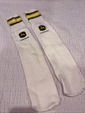 John Deere White Athletic Crew Socks with Green & Yellow Stripes
One size